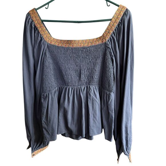 Strut And Bolt Top Milkmaid Peasant Prairie Blue Smocked Square Neck L - Picture 3 of 8